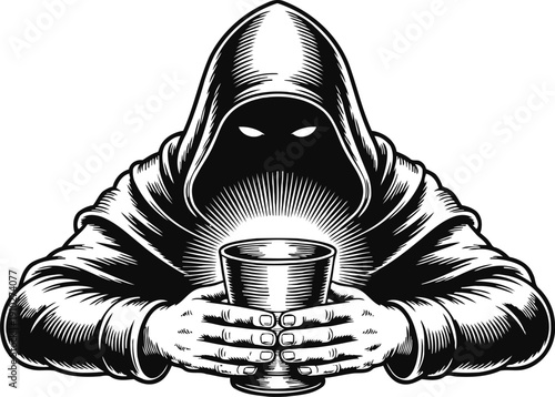 Mysterious hooded figure holding glowing chalice dark cloaked character with hidden face and bright light in hands