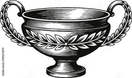 Vintage trophy cup with laurel wreath handles and decorative leaf motif engraving