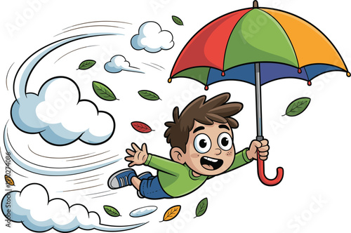 Cute cartoon boy flying in the wind holding a colorful umbrella with autumn leaves and clouds isolated on white background vector illustration.
