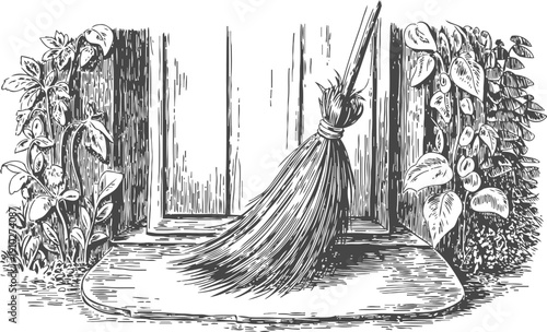 Classic broom sweeping doorstep with plants on sides vintage black and white garden cleaning illustration