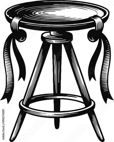 Vintage wooden bar stool with round seat and decorative ribbons, classic furniture design