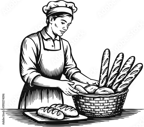 baker woman arranging fresh baguettes and bread loafs in a wicker basket, traditional bakery scene
