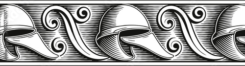 Decorative black and white classical greek helmet border with ancient warrior armor pattern