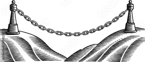 Vintage black and white illustration of a chain barrier between two pillars on a textured ground