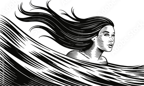 Illustration of woman with flowing hair emerging from stylized waves in black and white