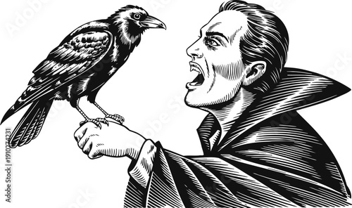Vampire holding a raven, gothic horror character with cape, dark fantasy illustration