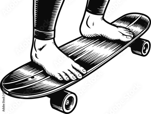 Bare feet on skateboard deck person standing barefoot on wooden longboard for skateboarding and balance
