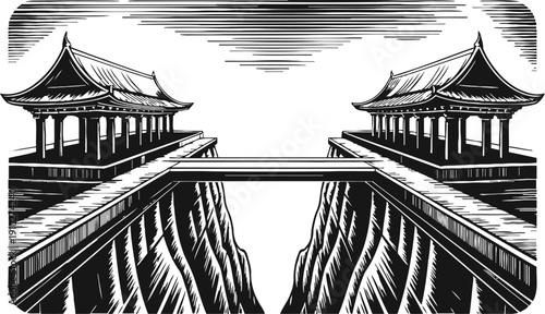 Woodcut mountain bridge with traditional asian pagodas and dramatic cliff landscape