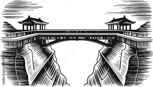 Traditional wooden bridge spanning rocky canyon with pavilion roofs in vintage engraving