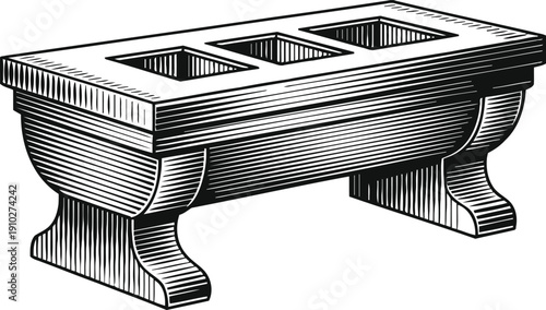 Vintage wooden trough with three rectangular compartments and sturdy carved legs