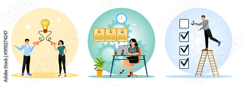 The team communicates about business ideas, HR manager job applicants, completion checklists.