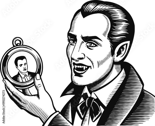 Vintage vampire character looking at his own reflection in a pocket mirror illustration