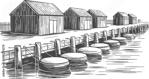 Wooden fishing huts along the pier with round boat bumpers on calm water shore