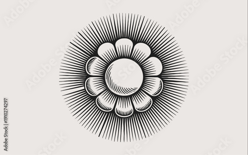 Vintage sun emblem with floral petals and radiant rays in black and white design