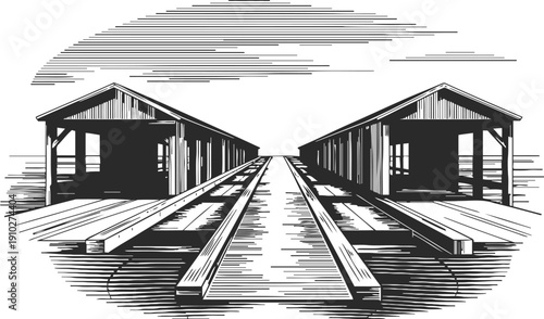 wooden railway platform with two shelters in vintage black and white