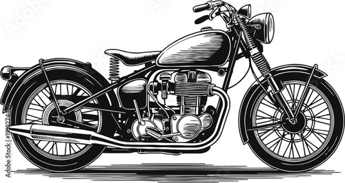 Vintage classic motorcycle side view detailed black and white illustration