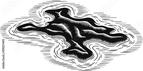 stylized black crow flying with bold lines and dynamic motion effect expressive bird silhouette in woodcut engraving