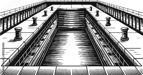 Empty harbor dock with mooring bollards and metal railings in black and white vintage