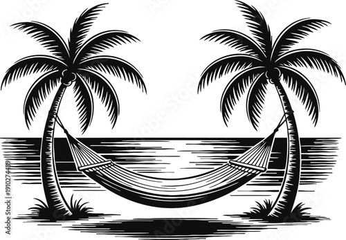 Hammock hanging between two palm trees by the beach with ocean waves and tropical island scenery