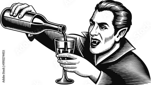 Vintage vampire pouring red wine into a glass with an eager expression