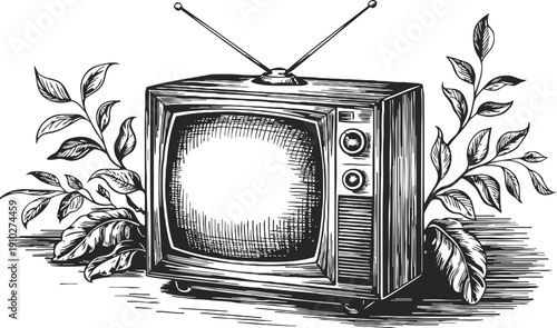 Vintage television set with antenna surrounded by leafy branches in hand drawn