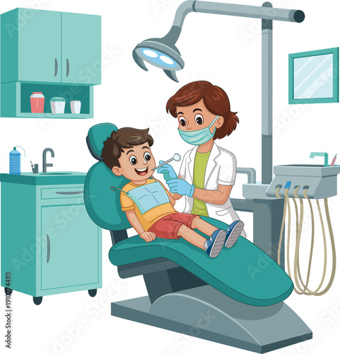 Female pediatric dentist in face mask examining child patient in dental clinic office with cabinet and professional equipment isolated on white background vector.