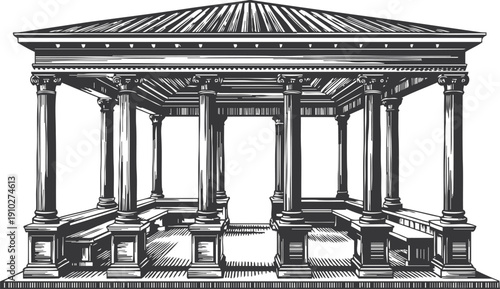 classic architectural pavilion with columns and detailed roof design illustration in black and white