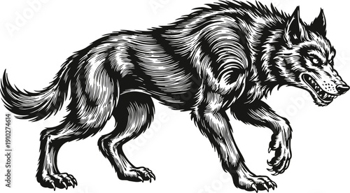 Fierce wolf snarling and prowling with detailed fur in black and white illustration