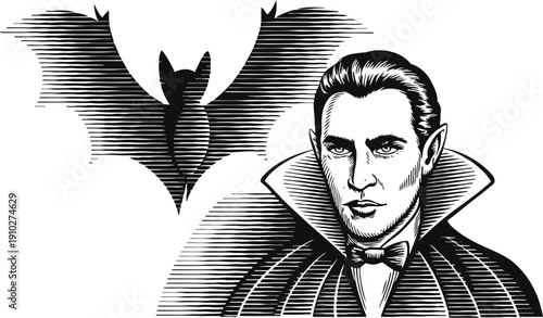 Classic vampire portrait with bat silhouette gothic horror character, elegant male vampire with cape collar and bow tie