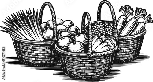 Three woven baskets filled with fresh vegetables and pasta in vintage monochrome