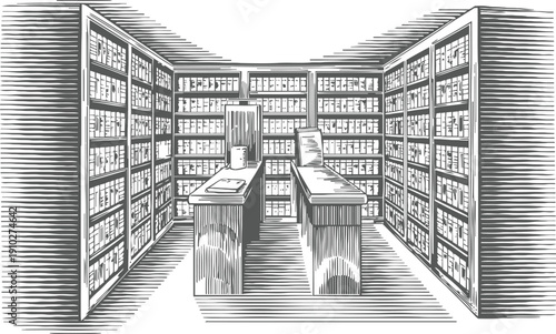 Vintage library interior with wooden shelves filled with books and reading tables in engraving