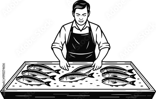 Fishmonger arranging fresh fish on ice display counter in market illustration