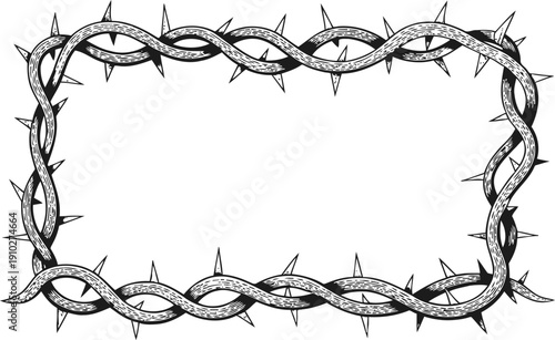 Rectangular frame made of twisted thorny vines with sharp spikes, black and white sketch design