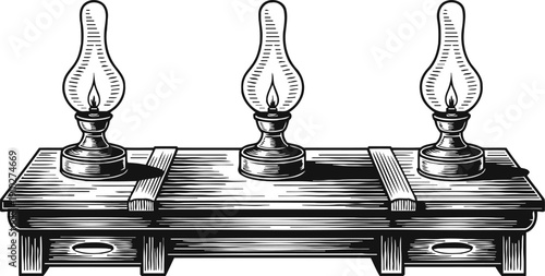 Three vintage oil lamps on wooden base, antique lighting with glass chimney, classic rustic decor