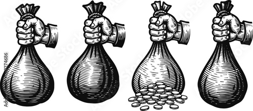 set of vintage hand holding money bags with coins spilling out in engraving