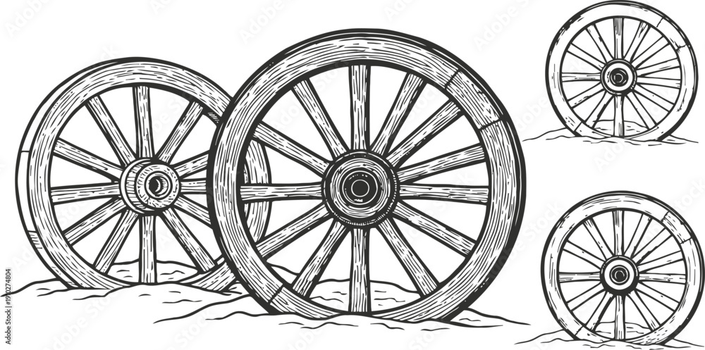 Fototapeta premium vintage wooden wagon wheels illustration with detailed spokes and rim design in rustic