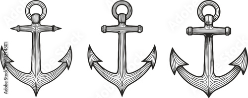 Set of three vintage nautical anchors with detailed wood texture and classic marine design