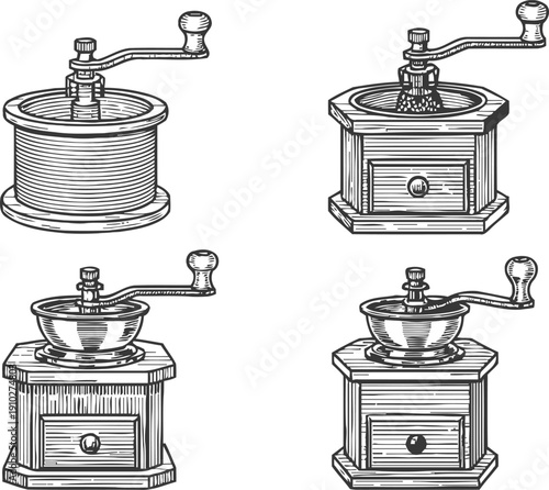 Vintage manual coffee grinders set four different hand crank coffee mills in engraved
