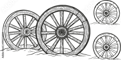 vintage wooden wagon wheels illustration with detailed spokes and rim design in rustic