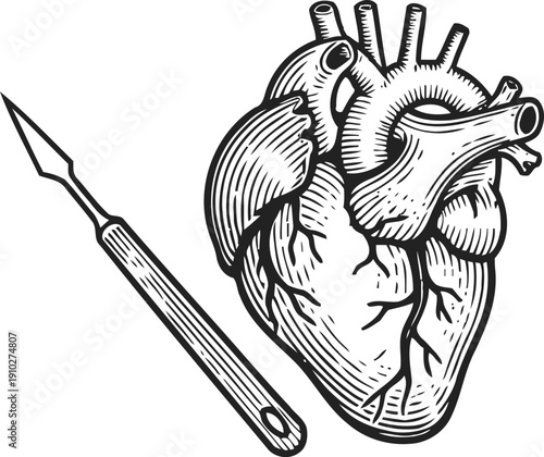 Vintage illustration of an anatomical human heart with a surgical scalpel tool