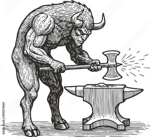 Mythological minotaur forging metal on anvil with hammer, fantasy creature blacksmith illustration