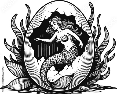 Mermaid hatching from egg with ocean plants around mythical sea creature in shell, vintage black and white illustration