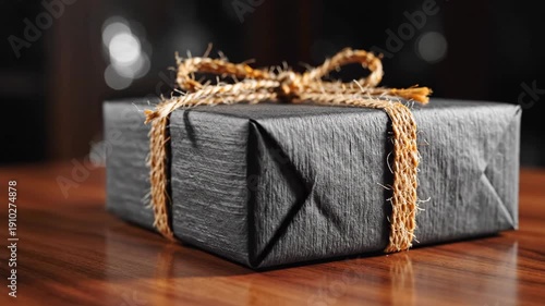 Wallpaper Mural Elegant Black Gift Box with Twine Bow on Polished Wood Surface Soft Bokeh Background Torontodigital.ca
