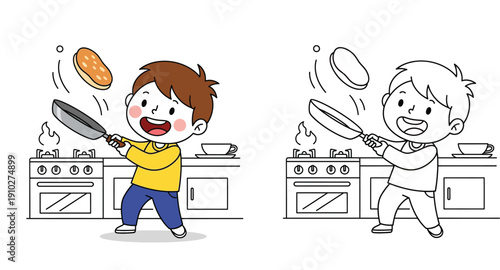 Cute boy flipping pancake in kitchen vector illustration with black and white outline for coloring book page; happy kid cooking breakfast cartoon character design