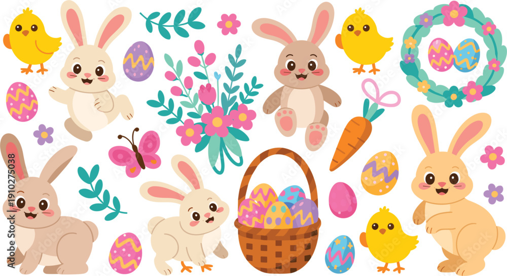 Fototapeta premium Horizontal border design featuring four happy cartoon bunnies, a baby chick, colorful patterned eggs, and a wicker basket for spring celebrations.
