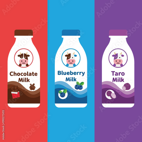 Three Flavored Milk Bottles with Cartoon Faces.