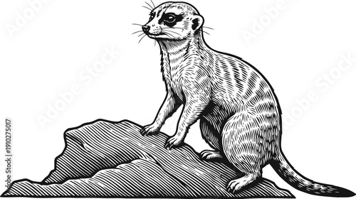 hand drawn meerkat standing on rock with detailed fur texture and alert expression