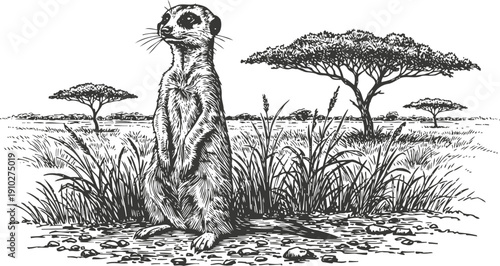 Meerkat standing alert in african savanna with tall grass and acacia trees landscape