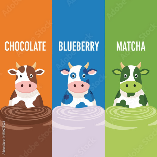 Three Cartoon Cows in Colored Milk.