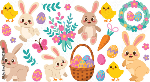 Horizontal border design featuring four happy cartoon bunnies, a baby chick, colorful patterned eggs, and a wicker basket for spring celebrations.